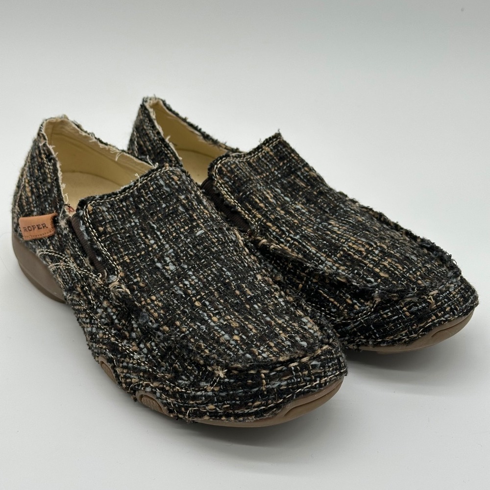 Roper Womens 7.5 Slip On Loafers Brown Woven Tweed Moc Toe Casual Rustic Boho